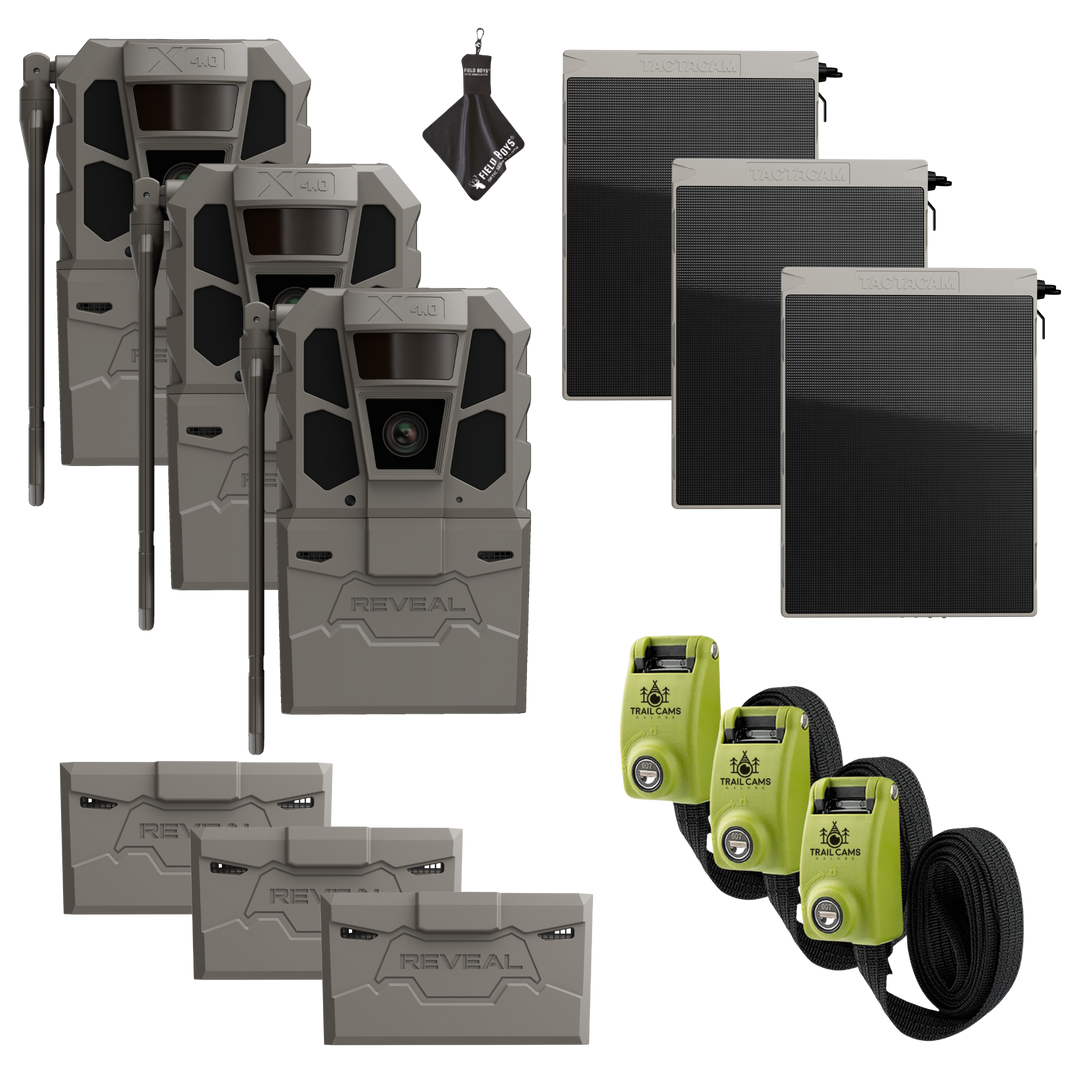 Buy 3 &amp; Save! Tactacam Reveal X 4.0 Power Bundles with R5 Solar Panels, FlexPack R5 Batteries, Lockable Steel Reinforced Straps, and Cleaning Cloth