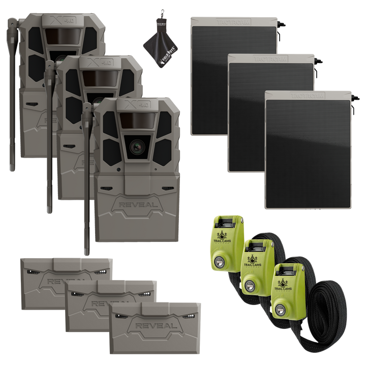Buy 3 &amp; Save! Tactacam Reveal X 4.0 Power Bundles with R5 Solar Panels, FlexPack R5 Batteries, Lockable Steel Reinforced Straps, and Cleaning Cloth