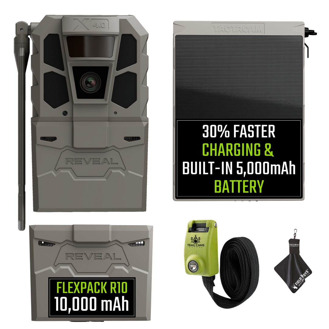 Tactacam Reveal X 4.0 Power Bundle with R5 Solar Panel, FlexPack R10 Battery, Lockable Steel Reinforced Strap, and Cleaning Cloth