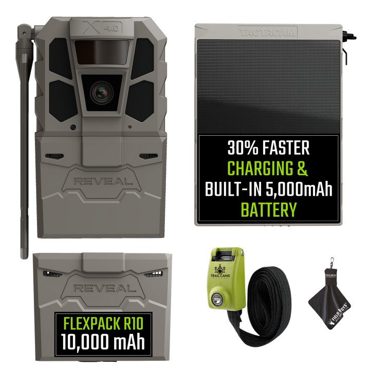 Tactacam Reveal X 4.0 Power Bundle with R5 Solar Panel, FlexPack R10 Battery, Lockable Steel Reinforced Strap, and Cleaning Cloth