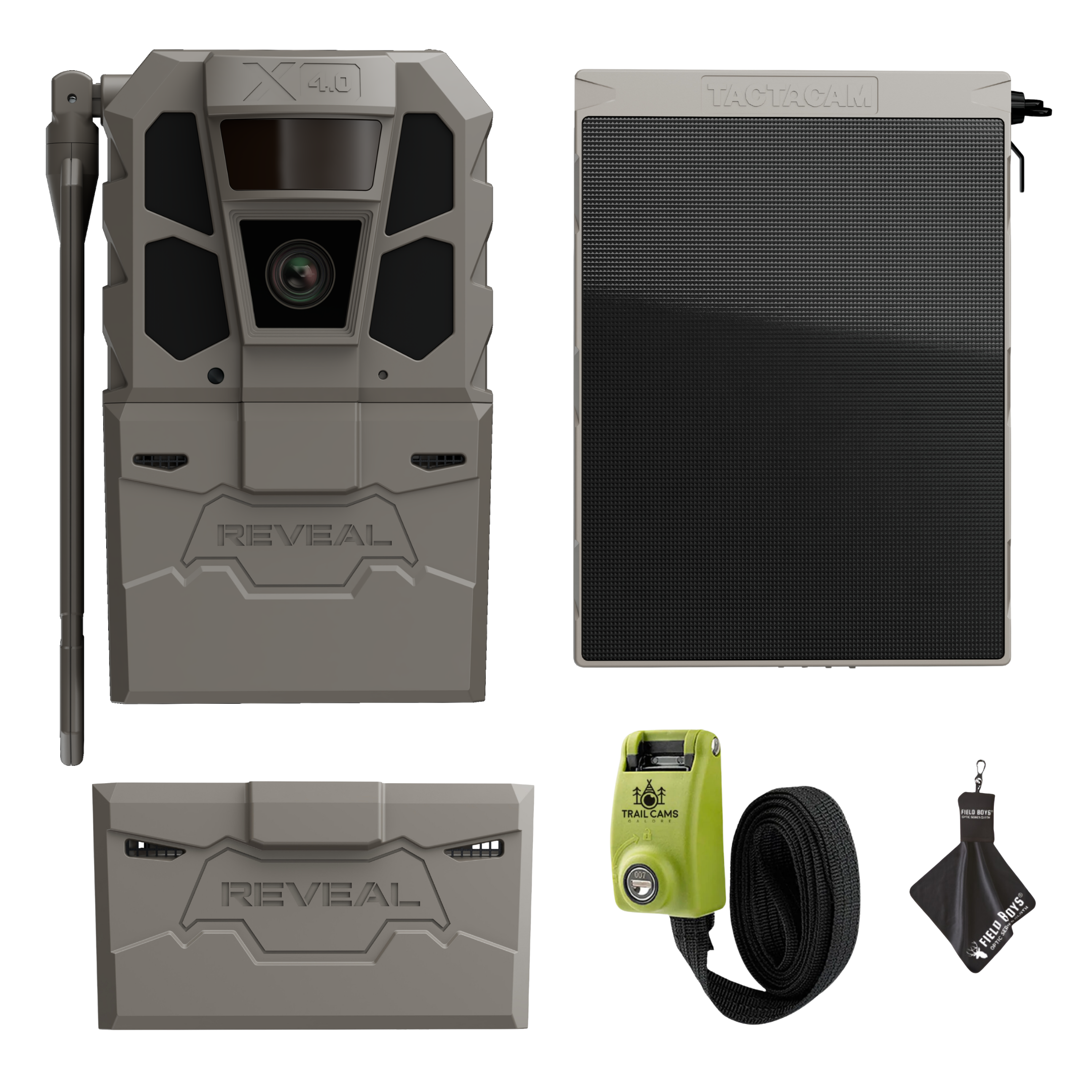 Tactacam Reveal X 4.0 Power Bundle with R5 Solar Panel, FlexPack R5 Battery, Lockable Steel Reinforced Strap, and Cleaning Cloth