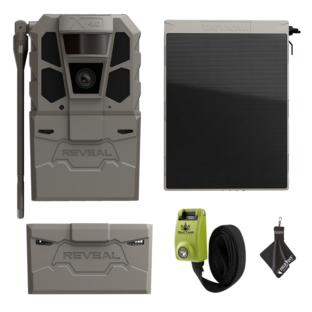 Tactacam Reveal X 4.0 Power Bundle with R5 Solar Panel, FlexPack R5 Battery, Lockable Steel Reinforced Strap, and Cleaning Cloth