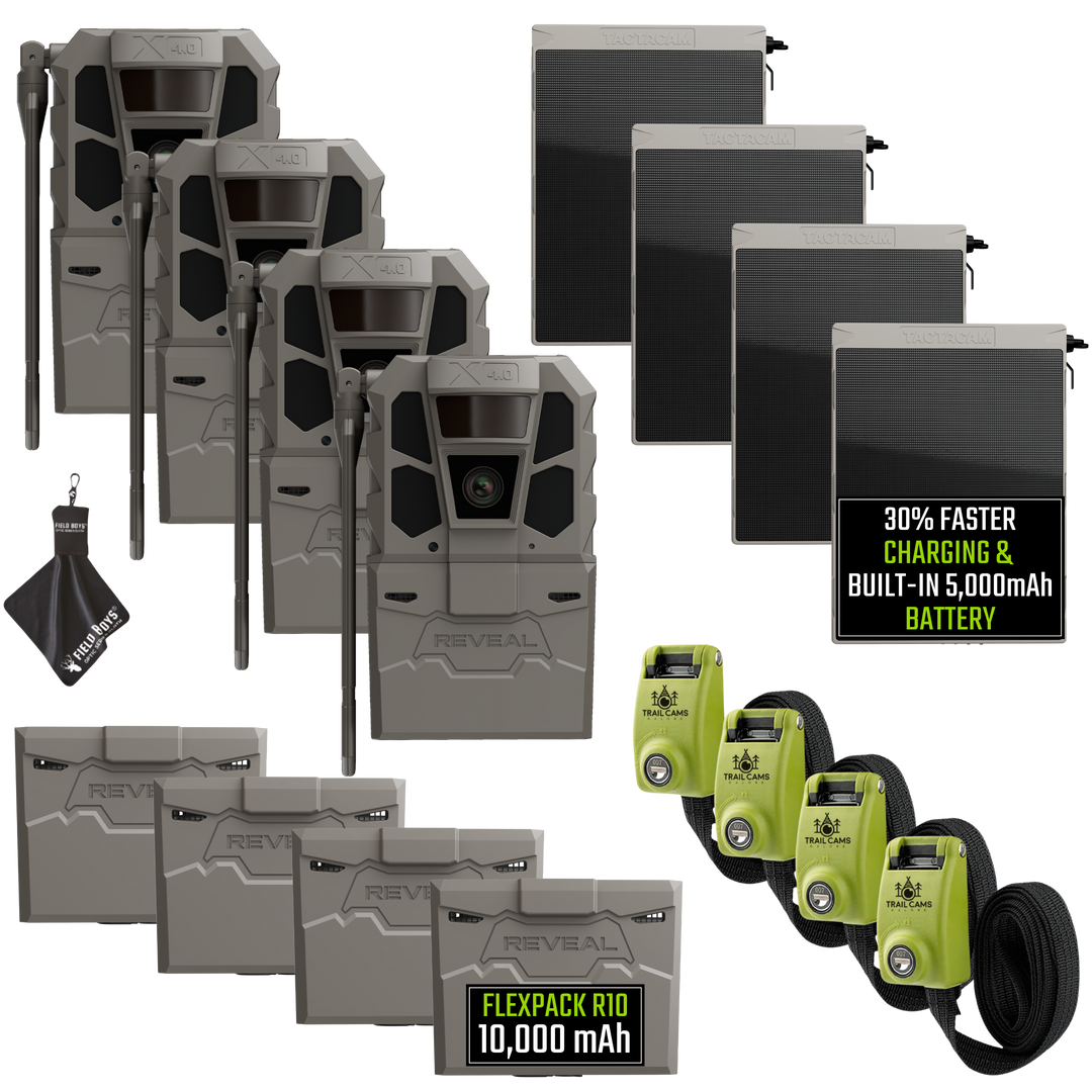 Buy 4 &amp; Save! Tactacam Reveal X 4.0 Power Bundles with R5 Solar Panels, FlexPack R10 Batteries, Lockable Steel Reinforced Straps, and Cleaning Cloth