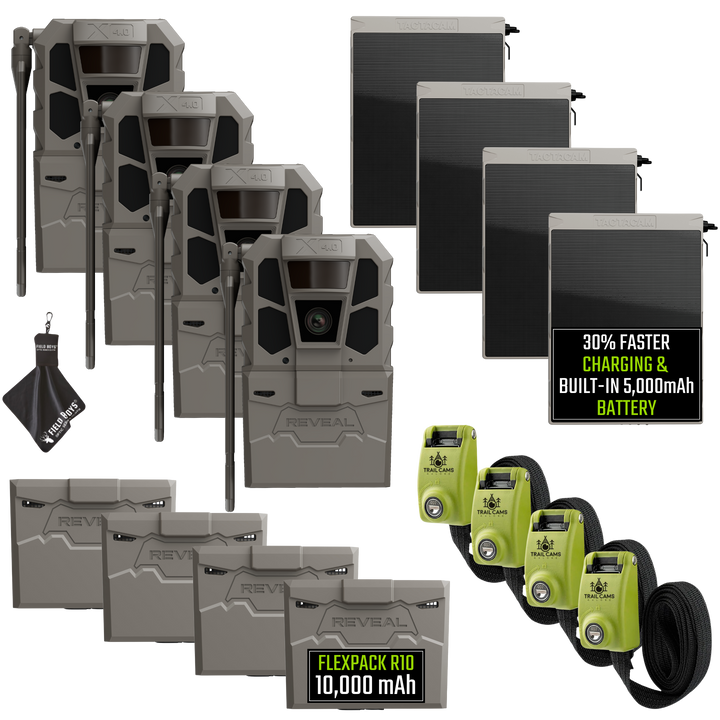 Buy 4 &amp; Save! Tactacam Reveal X 4.0 Power Bundles with R5 Solar Panels, FlexPack R10 Batteries, Lockable Steel Reinforced Straps, and Cleaning Cloth