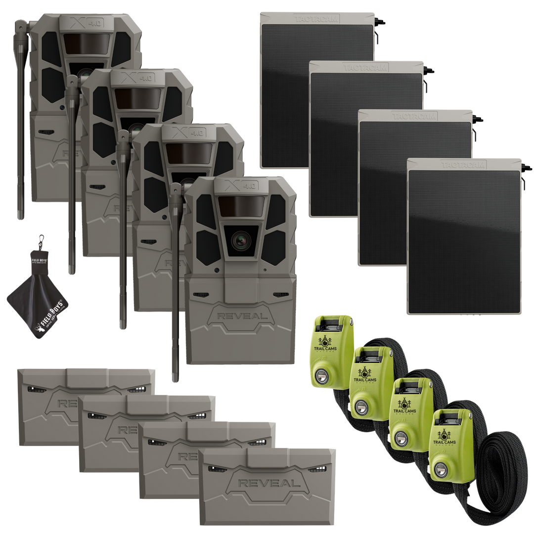Buy 4 &amp; Save! Tactacam Reveal X 4.0 Power Bundles with R5 Solar Panels, FlexPack R5 Batteries, Lockable Steel Reinforced Straps, and Cleaning Cloth
