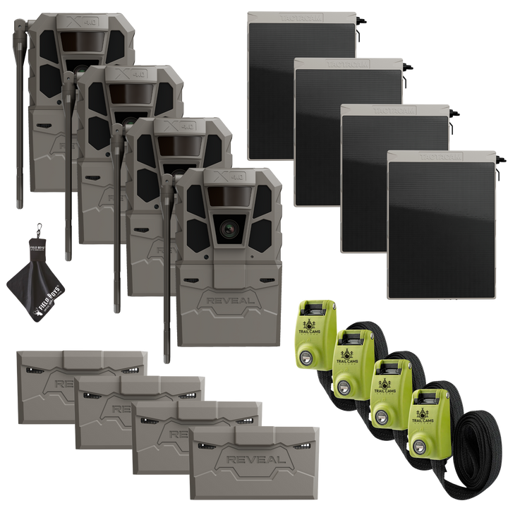 Buy 4 &amp; Save! Tactacam Reveal X 4.0 Power Bundles with R5 Solar Panels, FlexPack R5 Batteries, Lockable Steel Reinforced Straps, and Cleaning Cloth