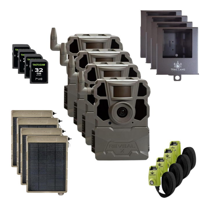 Buy 4 & Save! TACTACAM REVEAL X GEN 2.0 with Solar Panels, Steel Security Cases, Straps, and SD Cards