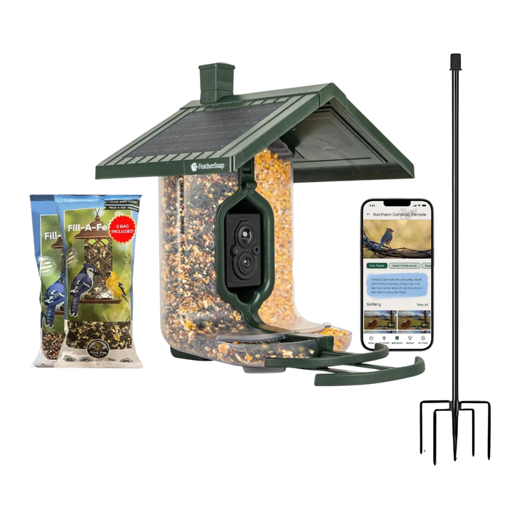 FeatherSnap Smart Birdfeeder with AI Identification and Wi-Fi - Solar Powered (Bird Feeder, Pole & Bird Feed Starter Kit)