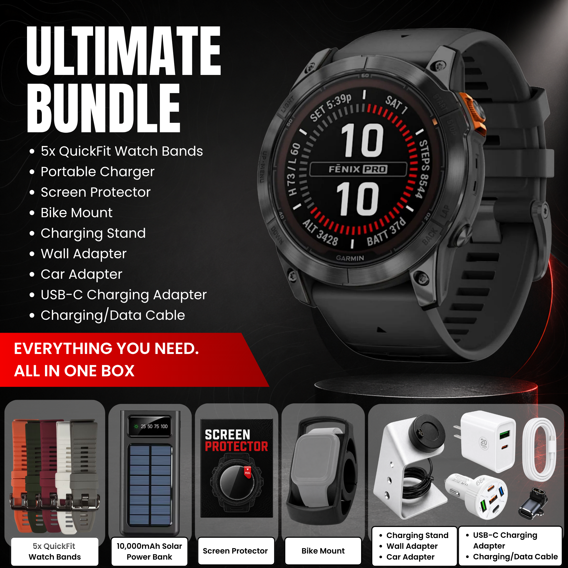 Garmin fēnix® 7 Pro – Solar Edition Smartwatch - Bundle with Free Charging Accessories