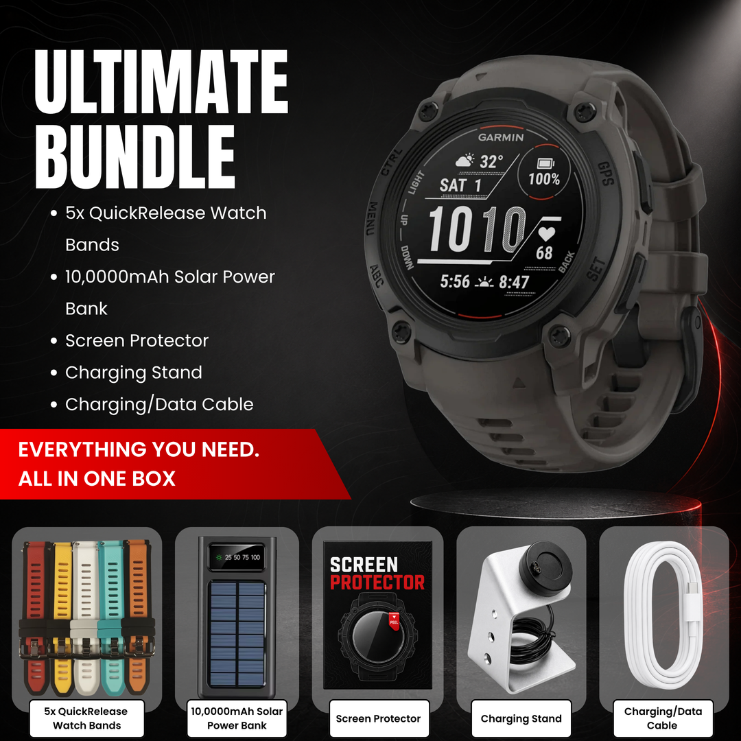 Instinct E Ultimate Bundle contents - 45mm Black with Charcoal Band