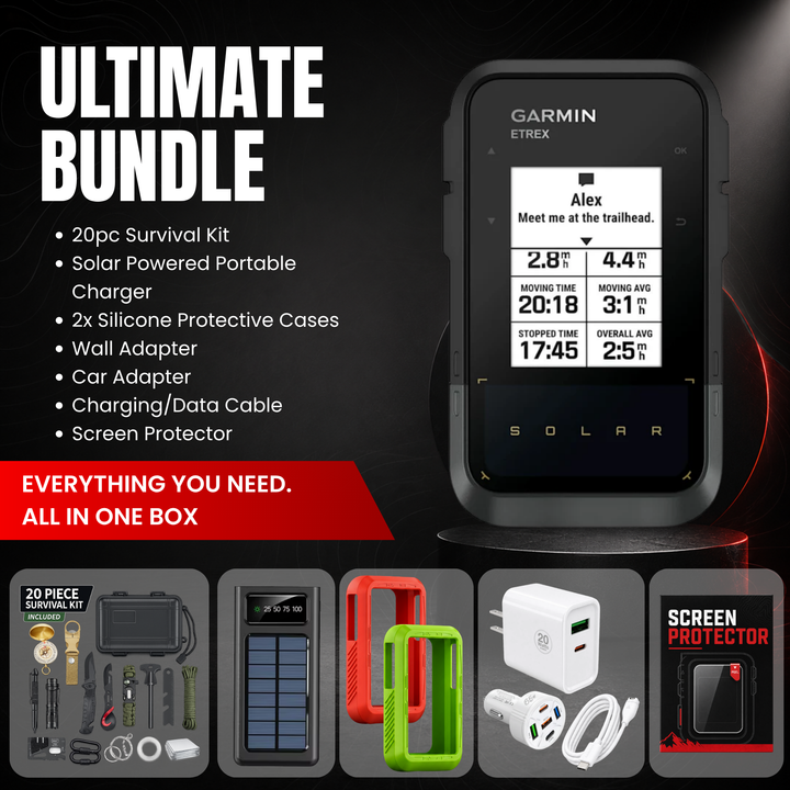 Garmin eTrex® Solar - Solar Powered Handheld GPS Navigator - Ultimate Bundle
