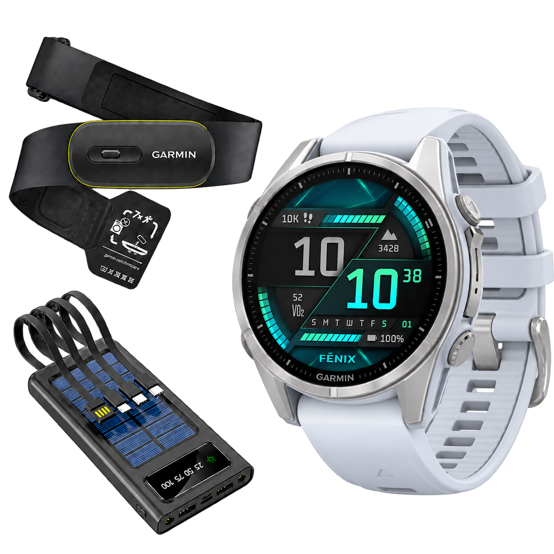 Garmin fenix 8 AMOLED 43mm Silver Whitestone watch with HRM 600 and Field Boys power bank