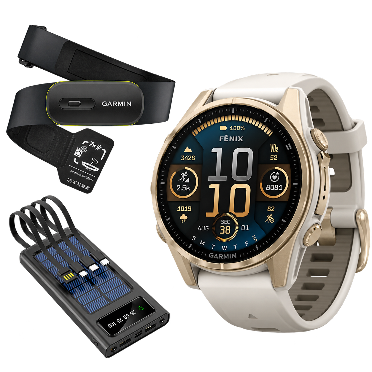 Garmin fenix 8 AMOLED Sapphire 43mm Soft Gold with Fog Gray band, HRM 600 and Field Boys power bank