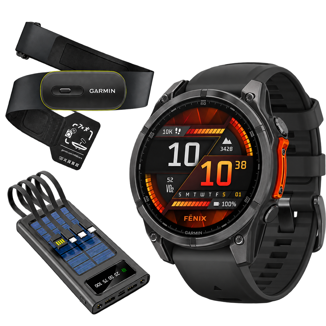 Garmin fenix 8 AMOLED 47mm Slate Gray Black watch with HRM 600 and Field Boys power bank