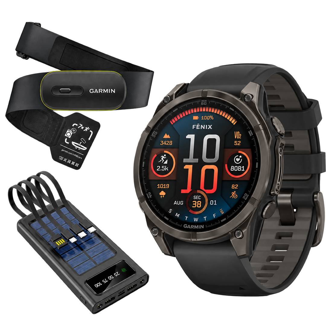 Garmin fenix 8 AMOLED Sapphire Carbon Gray with Black band, HRM 600 and Field Boys power bank