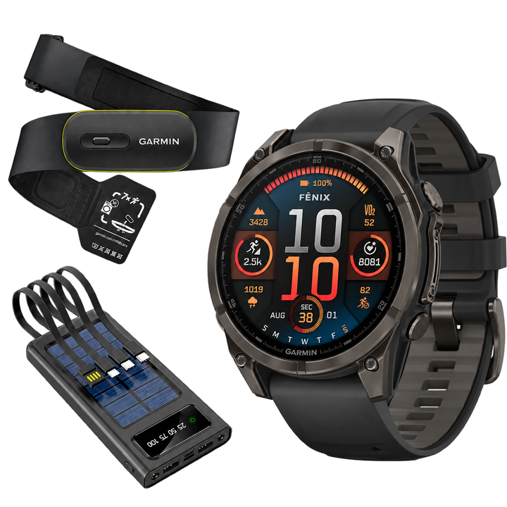 Garmin fenix 8 AMOLED Sapphire Carbon Gray with Black band, HRM 600 and Field Boys power bank