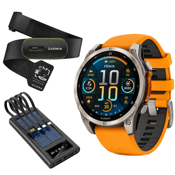 Garmin fenix 8 AMOLED Sapphire Titanium Spark Orange watch with HRM 600 and Field Boys power bank