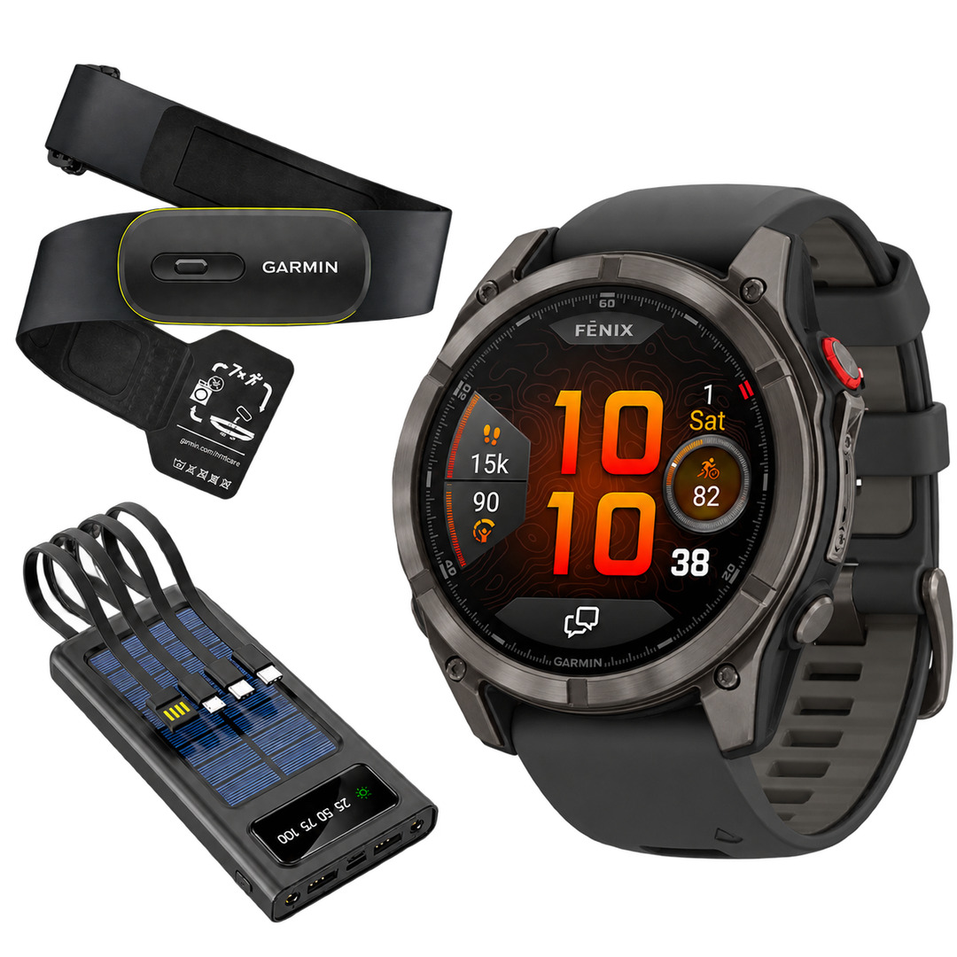 Garmin fenix 8 Pro AMOLED Carbon Gray Black with HRM 600 and Field Boys power bank