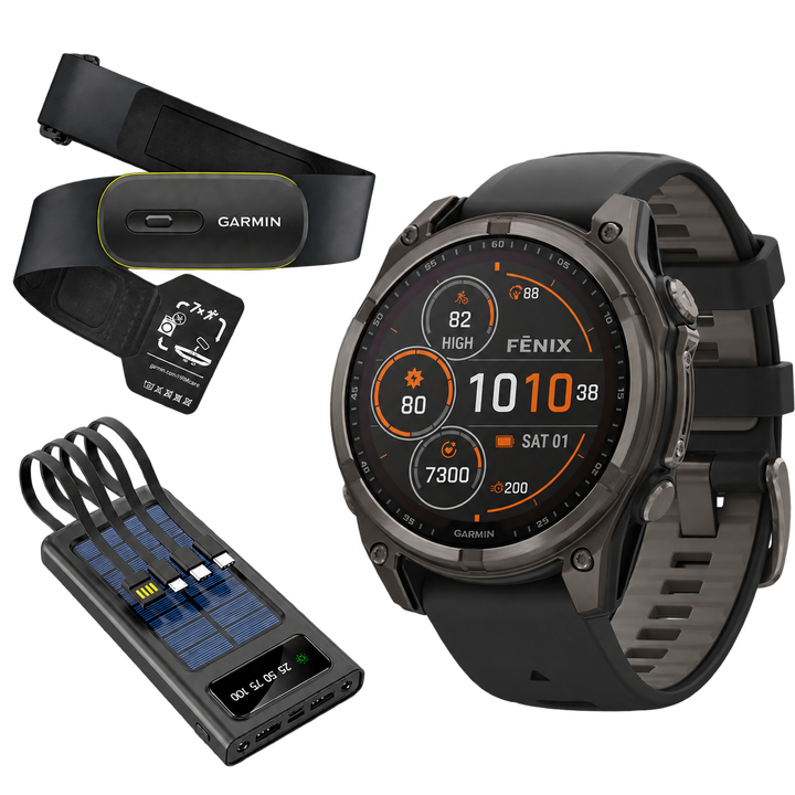 Garmin fenix 8 Sapphire Solar Carbon Gray Black with HRM 600 and Field Boys power bank