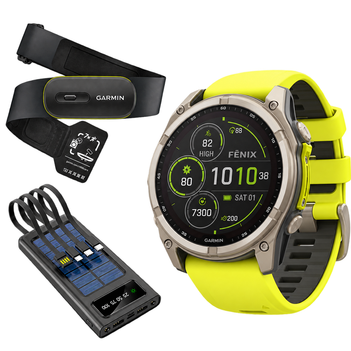Garmin fenix 8 Sapphire Solar Titanium Amp Yellow with HRM 600 and Field Boys power bank