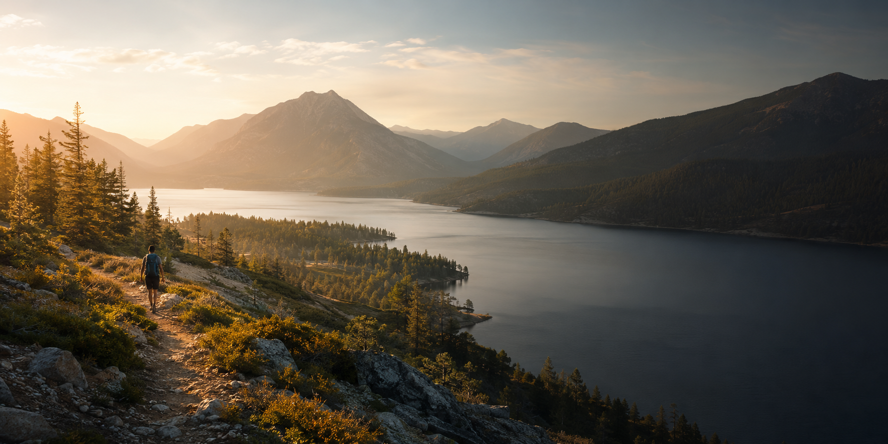 Hiker overlooking a mountain lake at golden hour