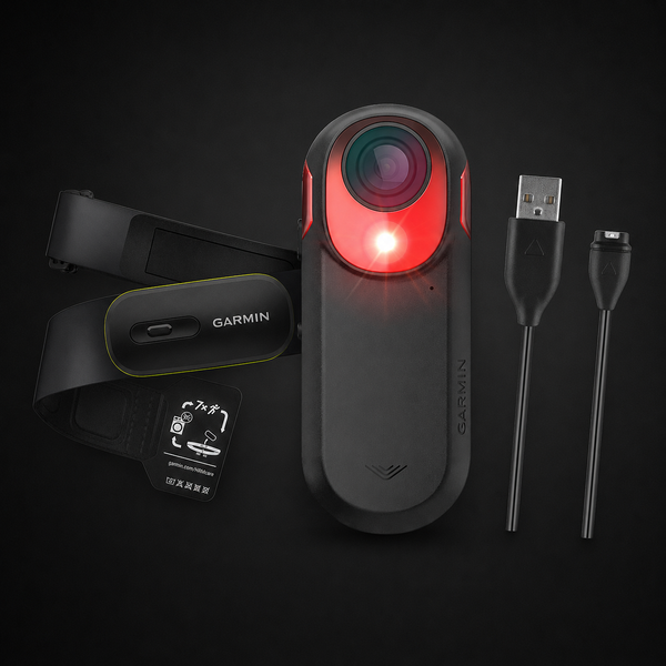 Garmin accessories collage featuring Varia RCT715, HRM 600, and smartwatch charging cable