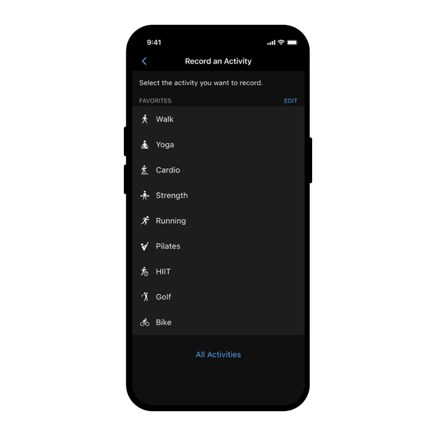 Garmin Connect record an activity screen for CIRQA Smart Band