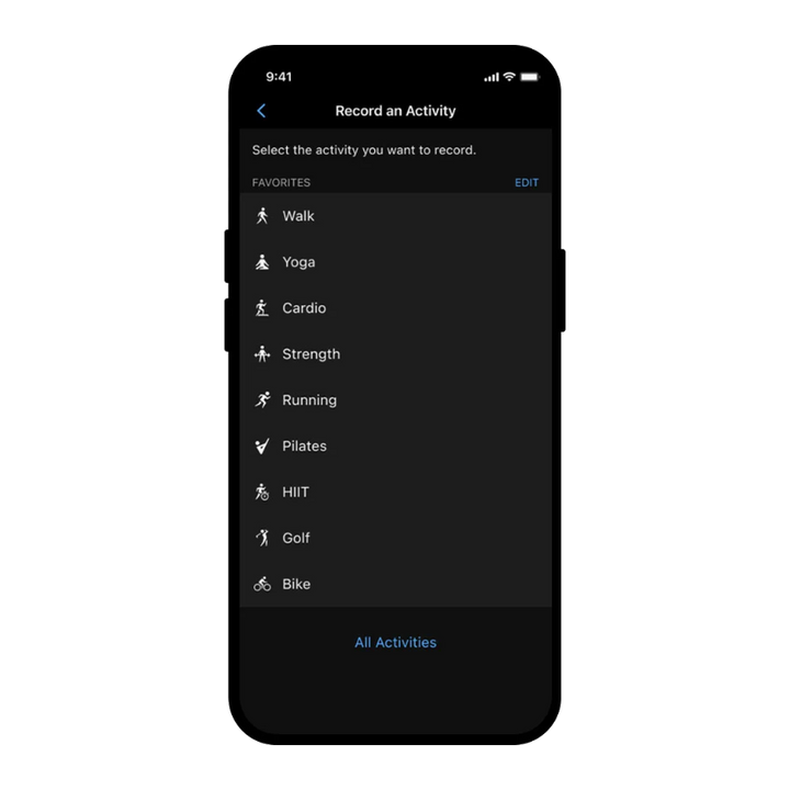 Garmin Connect record an activity screen for CIRQA Smart Band