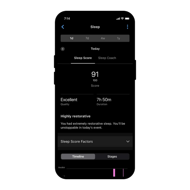 Garmin Connect sleep score screen for CIRQA Smart Band