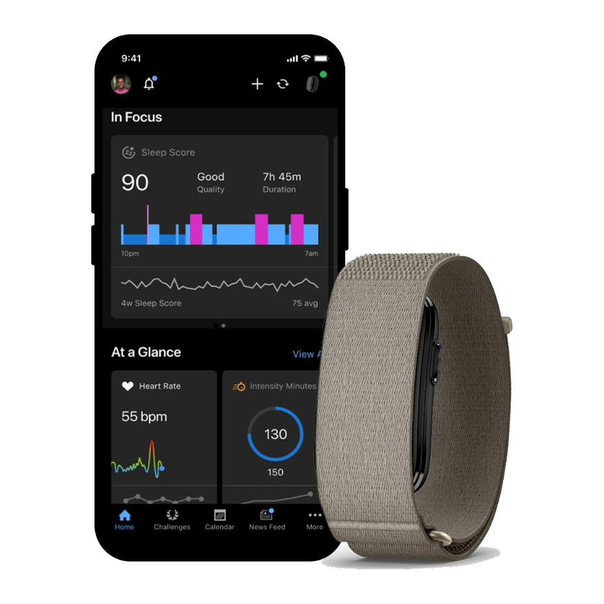 Garmin CIRQA Smart Band next to the Garmin Connect app home screen