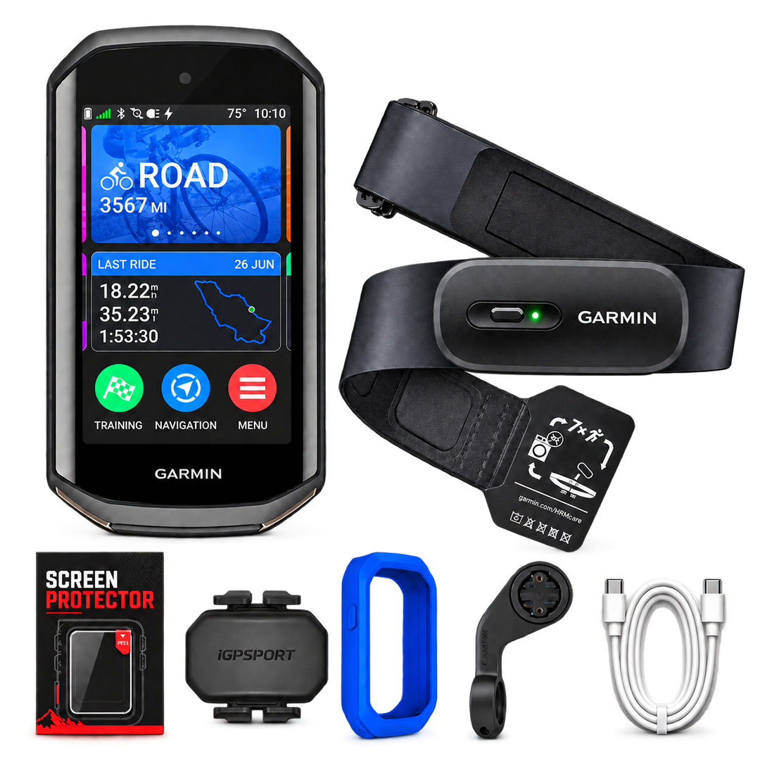 Garmin Edge 1050 Performance Bundle with HRM 200, cadence sensor, screen protector, silicone case, mount and USB-C cable
