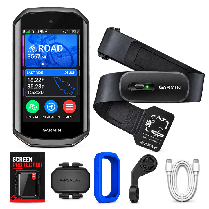 Garmin Edge 1050 Performance Bundle with HRM 200, cadence sensor, screen protector, silicone case, mount and USB-C cable