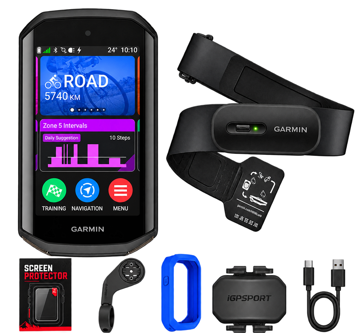 Garmin Edge 1050 Performance Bundle with HRM 200, cadence sensor, silicone case, screen protector, bike mount and cable