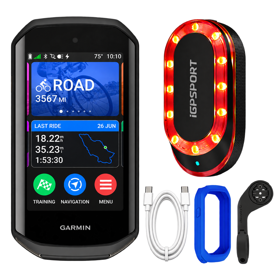 Garmin Edge 1050 Safety Bundle with iGPSPORT SR Mini radar, blue silicone case, USB-C cable and bike mount