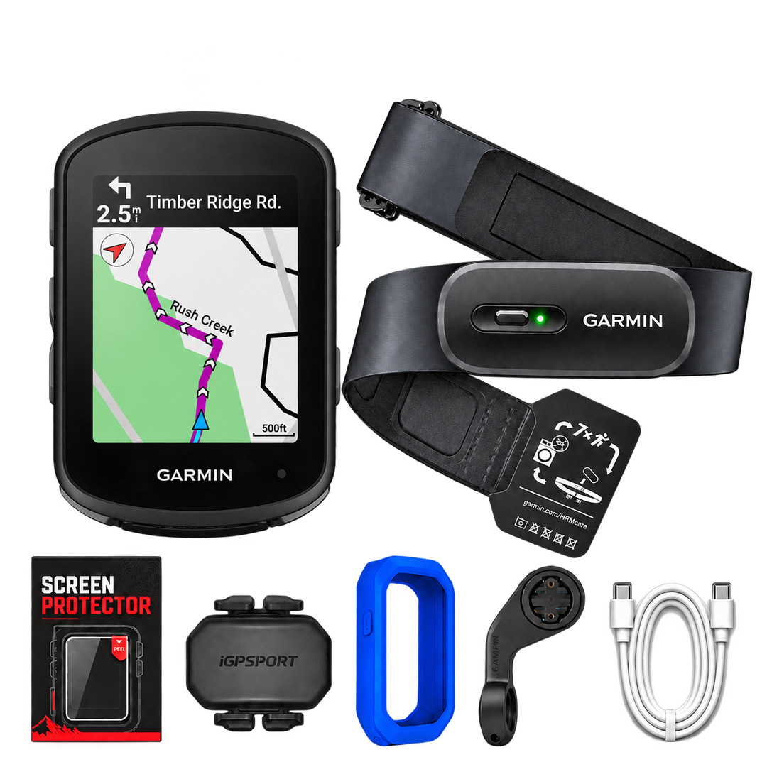 Garmin Edge 540 Performance Bundle with HRM beside the computer and five evenly spaced bottom accessories: screen protector, cadence sensor, blue case, bike mount and white USB-C cable