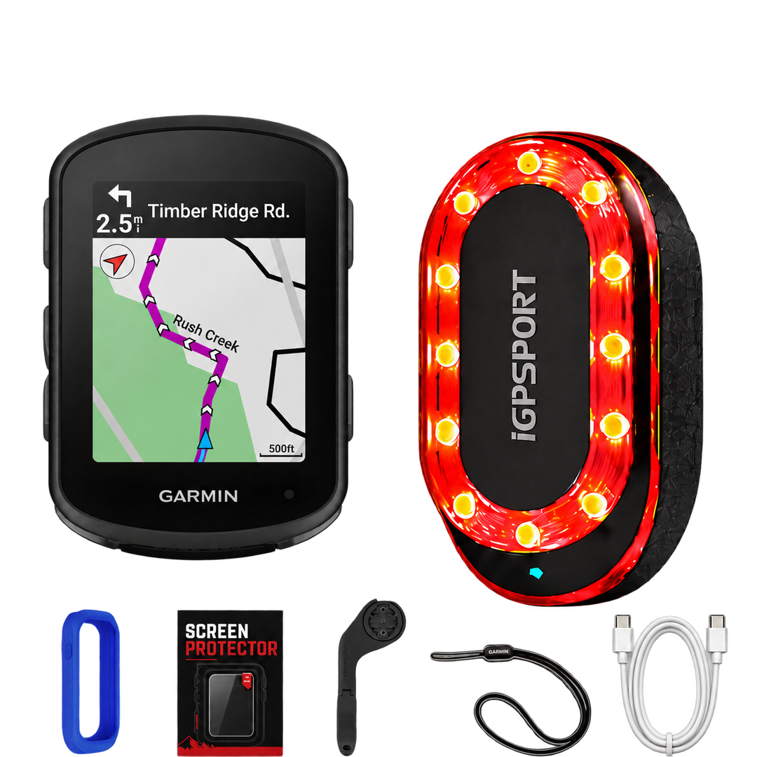 Garmin Edge 540 Safety Bundle with SR Mini radar, silicone case, screen protector, out-front mount, tether and USB-C cable