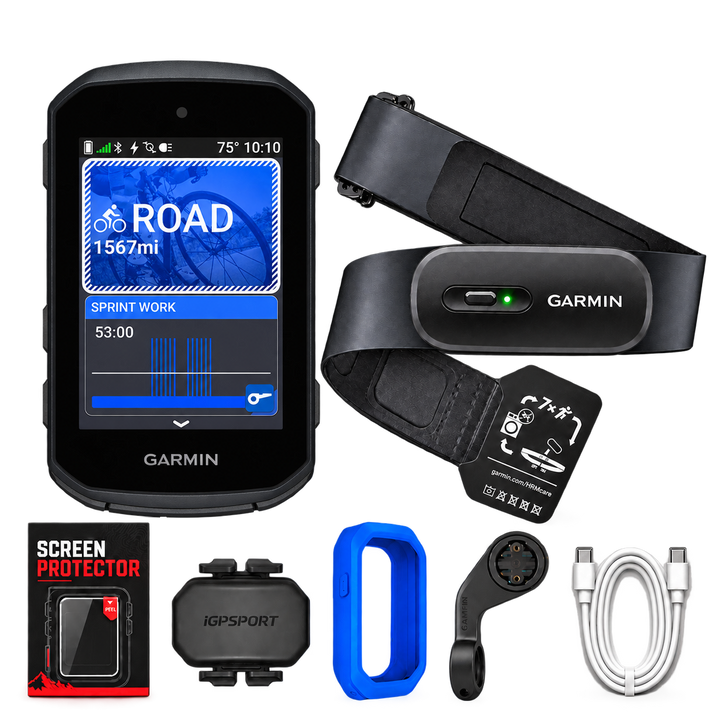 Garmin Edge 550 Performance Bundle with HRM beside the computer and five evenly spaced bottom accessories: screen protector, cadence sensor, blue case, bike mount and white USB-C cable