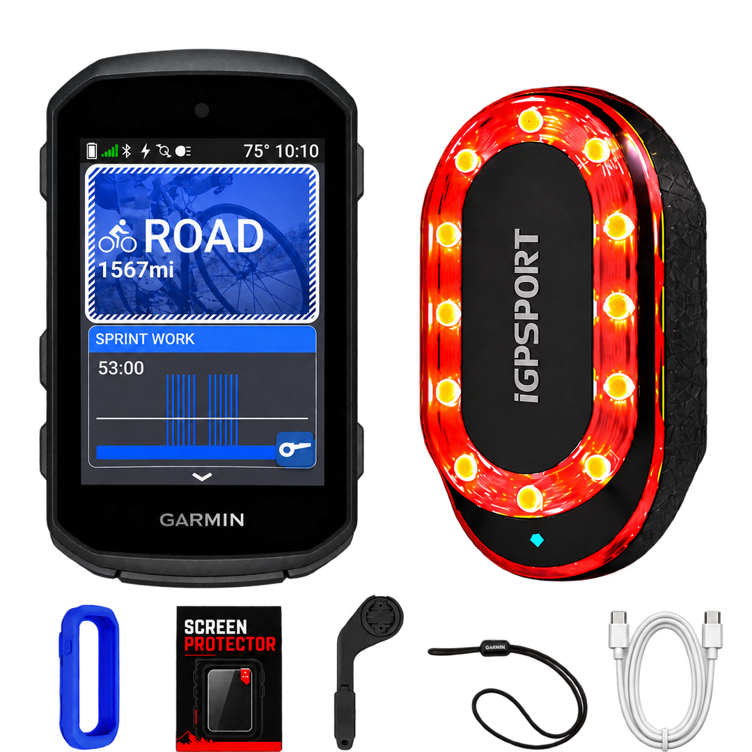 Garmin Edge 550 Safety Bundle with SR Mini radar, silicone case, screen protector, out-front mount, tether and USB-C cable