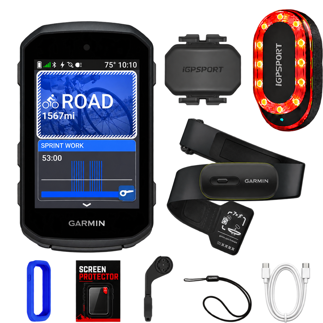 Garmin Edge 550 Ultimate Bundle with HRM 200, CAD70 cadence sensor, SR Mini radar, silicone case, screen protector, out-front mount, tether and USB-C cable
