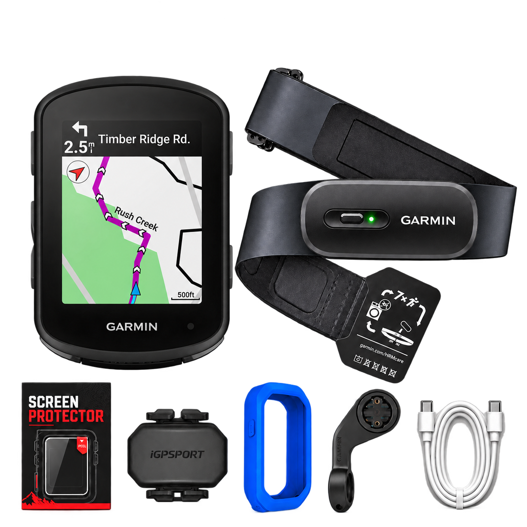 Garmin Edge 840 Performance Bundle with HRM beside the computer and five evenly spaced bottom accessories: screen protector, cadence sensor, blue case, bike mount and white USB-C cable
