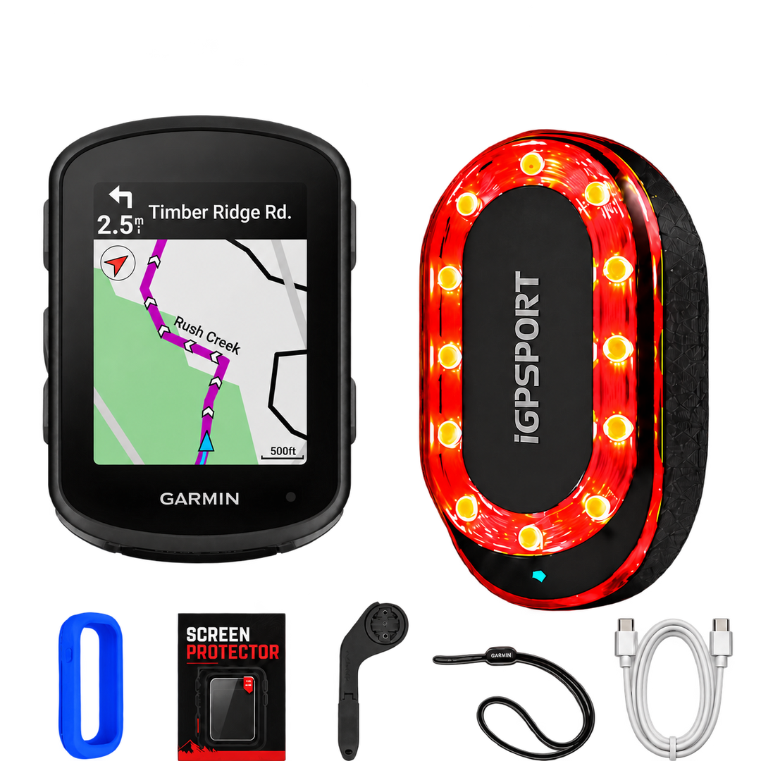 Garmin Edge 840 Safety Bundle with iGPSPORT SR Mini radar, silicone case, screen protector, out-front mount, tether and USB-C cable
