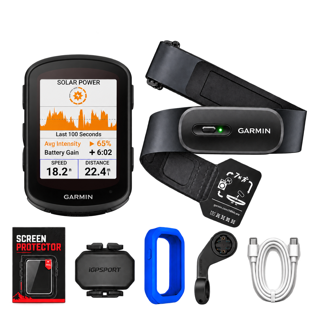 Garmin Edge 840 Solar Performance Bundle with HRM beside the computer and five evenly spaced bottom accessories: screen protector, cadence sensor, blue case, bike mount and white USB-C cable