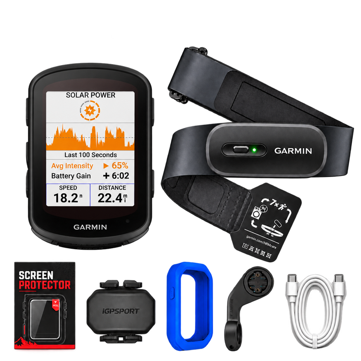 Garmin Edge 840 Solar Performance Bundle with HRM beside the computer and five evenly spaced bottom accessories: screen protector, cadence sensor, blue case, bike mount and white USB-C cable