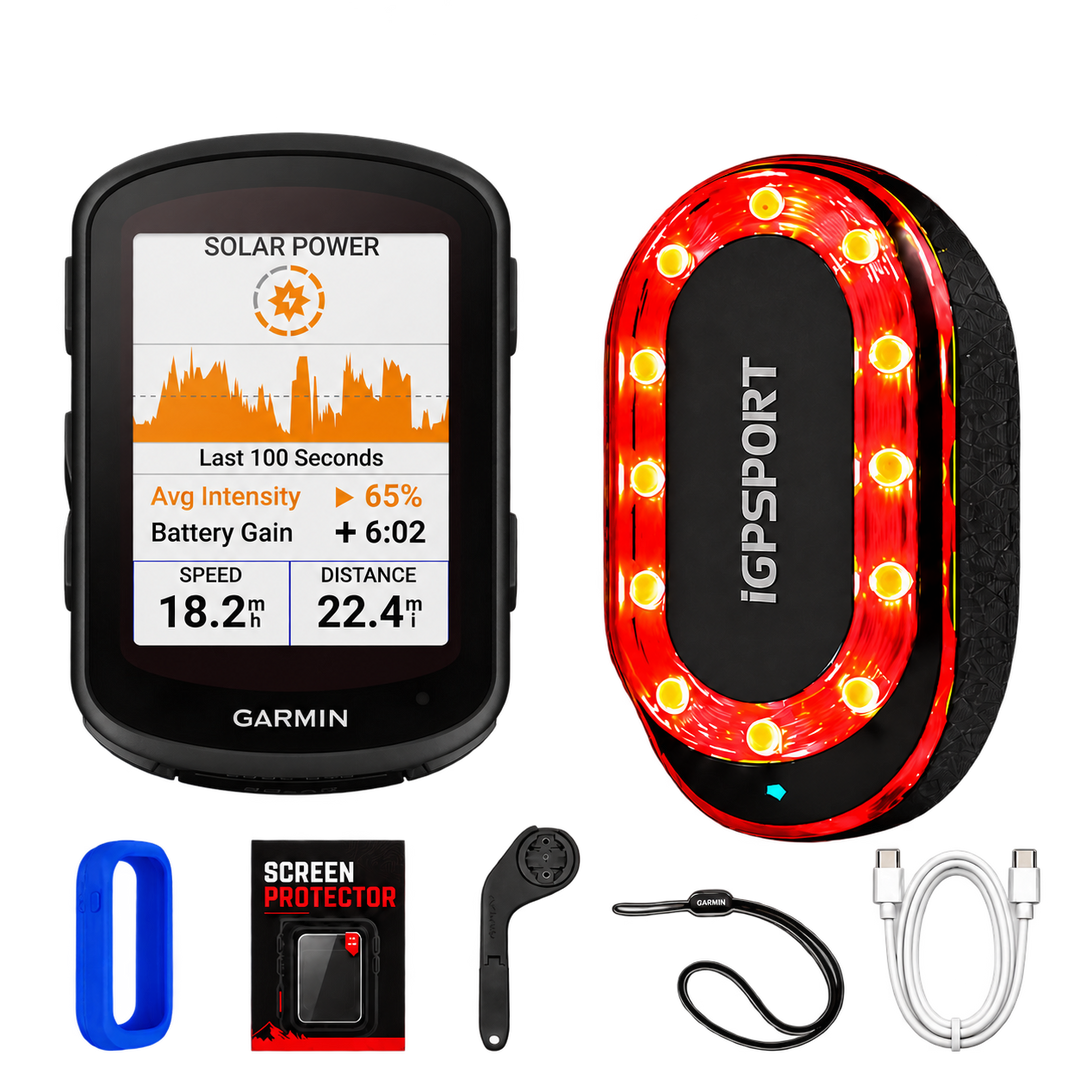 Garmin Edge 840 Solar Safety Bundle with iGPSPORT SR Mini radar, silicone case, screen protector, out-front mount, tether and USB-C cable