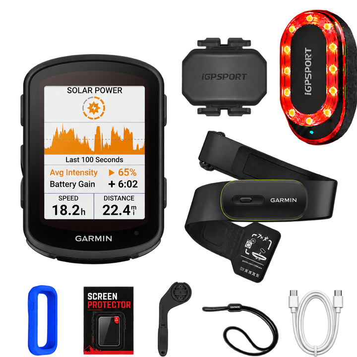 Garmin Edge 840 Solar Ultimate Bundle with HRM 200, CAD70 cadence sensor and SR Mini radar, silicone case, screen protector, out-front mount, tether and USB-C cable