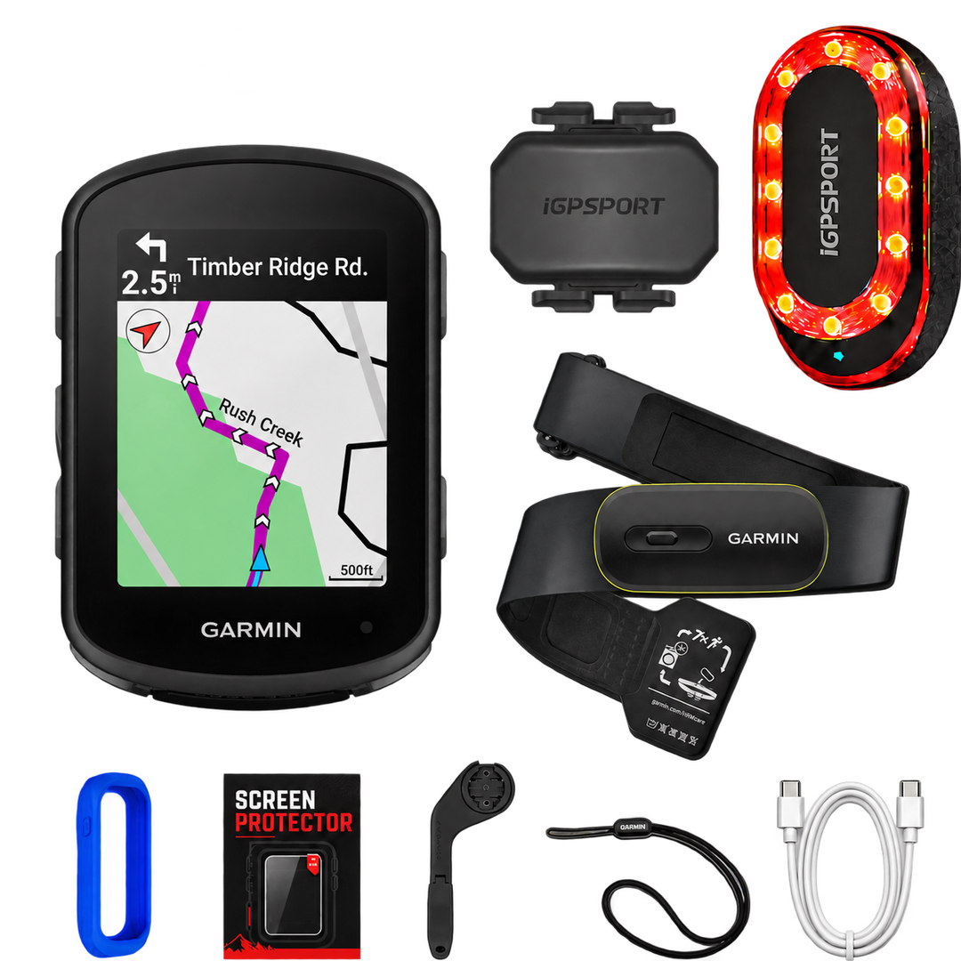 Garmin Edge 840 Ultimate Bundle with HRM 200, CAD70 cadence sensor and SR Mini radar, silicone case, screen protector, out-front mount, tether and USB-C cable