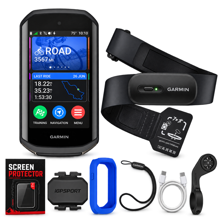 Garmin Edge 850 Performance Bundle with heart rate monitor, cadence sensor, silicone case, screen protector, mount, tether and USB-C cable