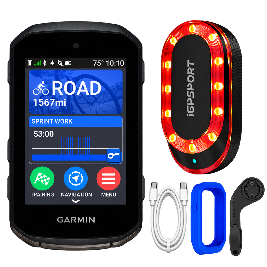 Garmin Edge 850 Safety Bundle with iGPSPORT SR Mini radar tail light, silicone case, mount and USB-C cable