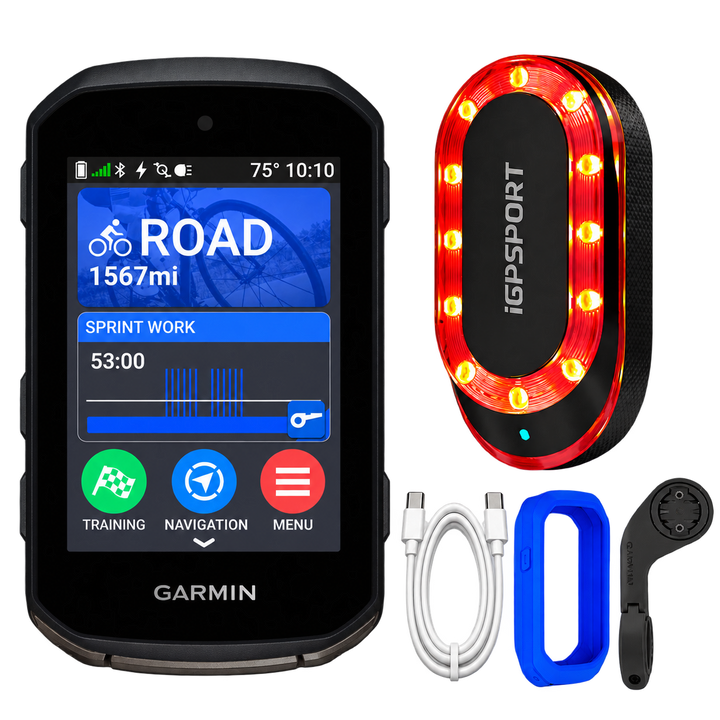 Garmin Edge 850 Safety Bundle with iGPSPORT SR Mini radar tail light, silicone case, mount and USB-C cable