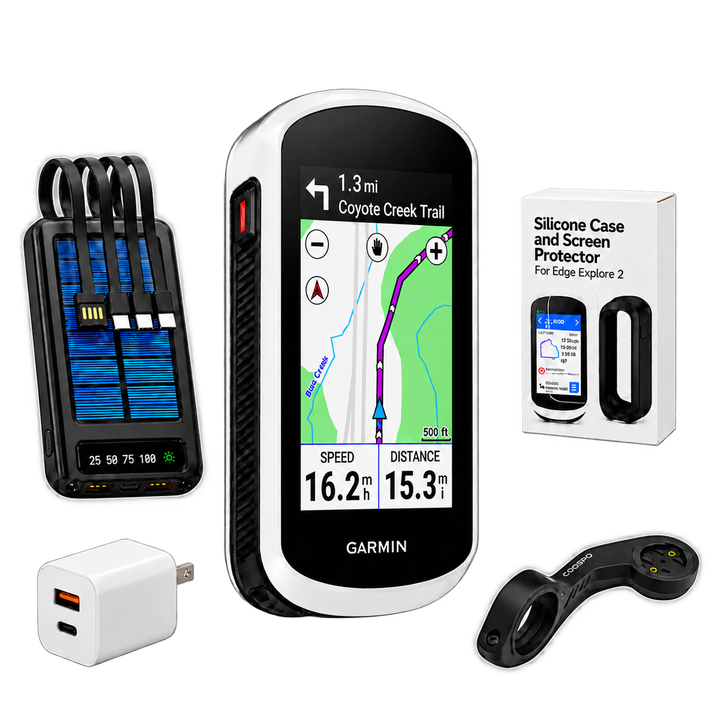 Garmin Edge Explore 2 Adventure Bundle with power bank, protection kit, wall charger and bike mount